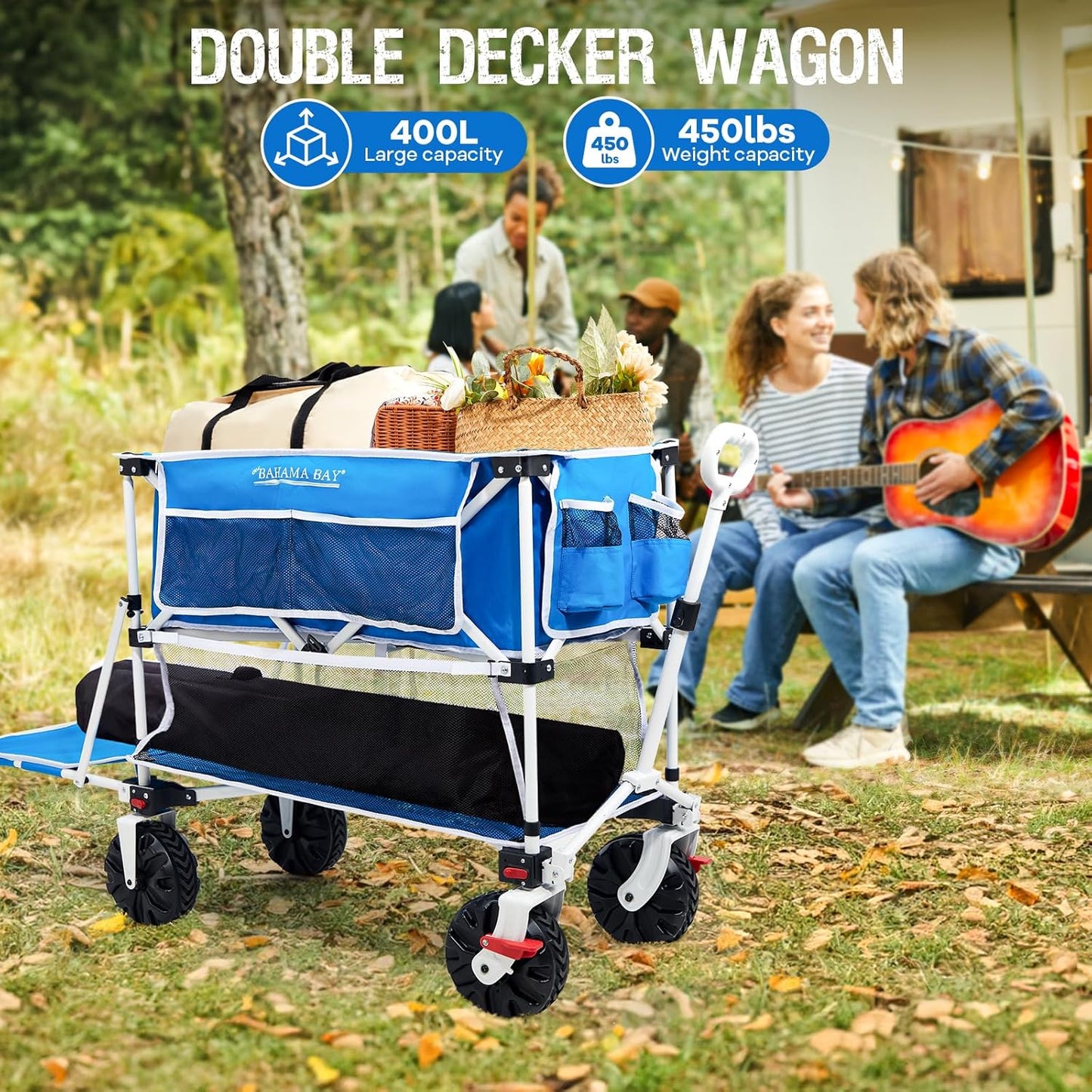 Old Bahama Bay 400L Collapsible Double Decker Beach Wagon with Brakes, Folding Beach Cart with 54" Extra Long Decker, 450LBS Heavy Duty Wagon Chart with All-Terrain Big Wheels for Sand Camping Garden