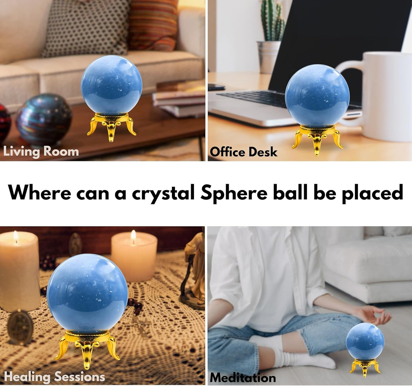 Amazing Gemstone Angelite Crystal Ball with Stand - 2" Inches Crystal Sphere Meditation Balls for Witchcraft and Decorative Balls