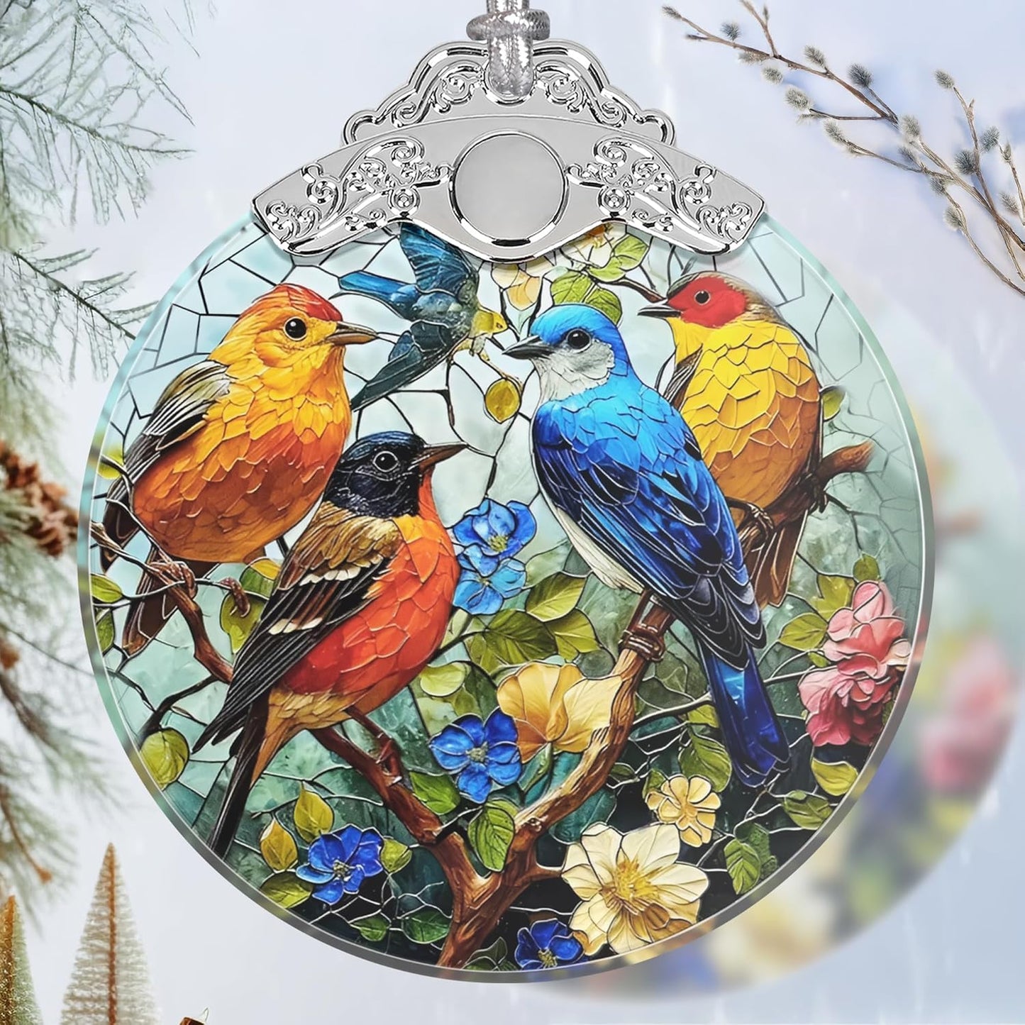 Birds on Branches Stained Glass Orament - Christmas Ornament - Christmas Decorations for Tree - Holiday Present ldeas - Gift Exchange