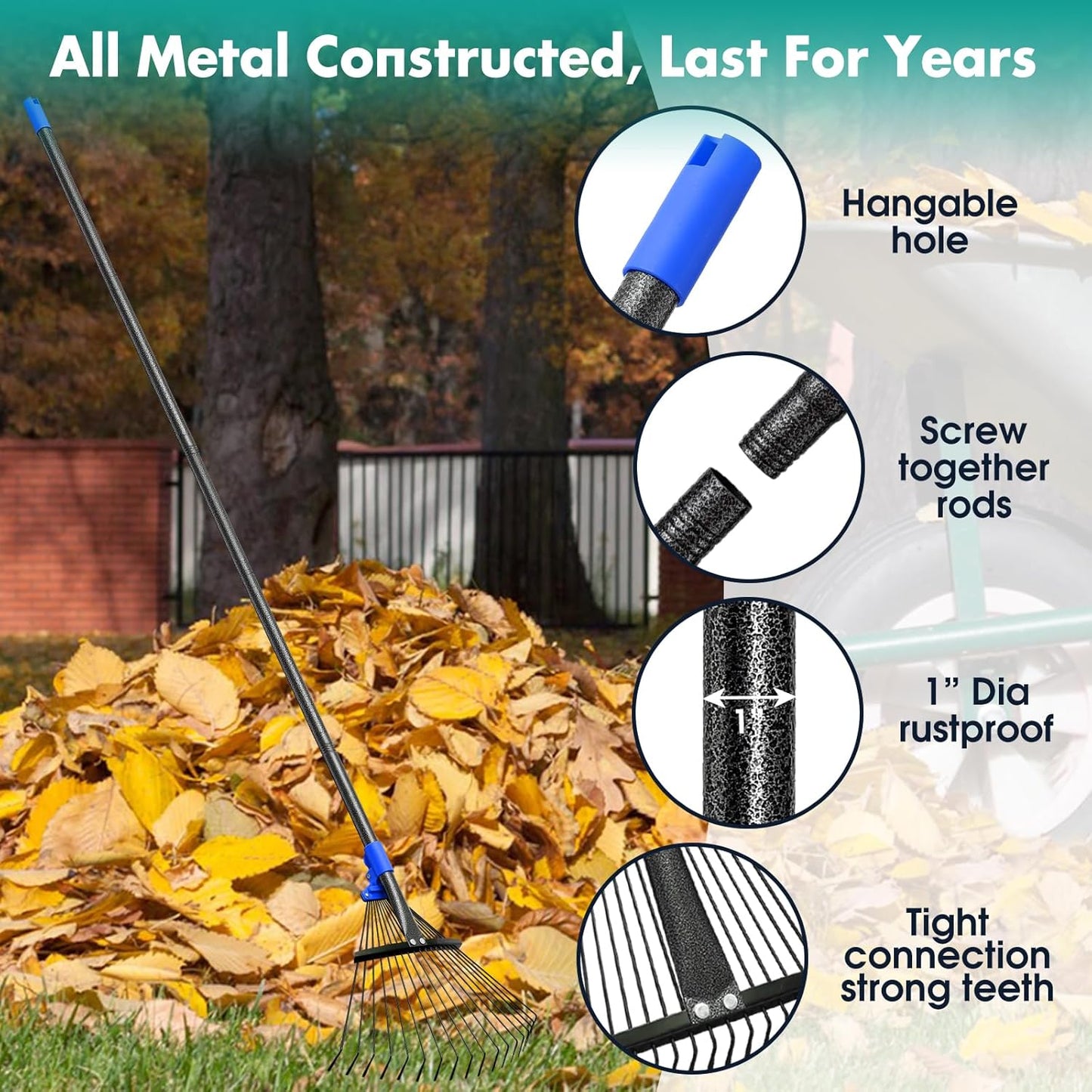 Rake, Leaf Rake with Expandable Head,18 Teeth, Adjustable 53 Inch Long Handle, 17 Inch Wide, Heavy Duty Collapsible Yard Rakes for Lawn Flowers Beds Gardening
