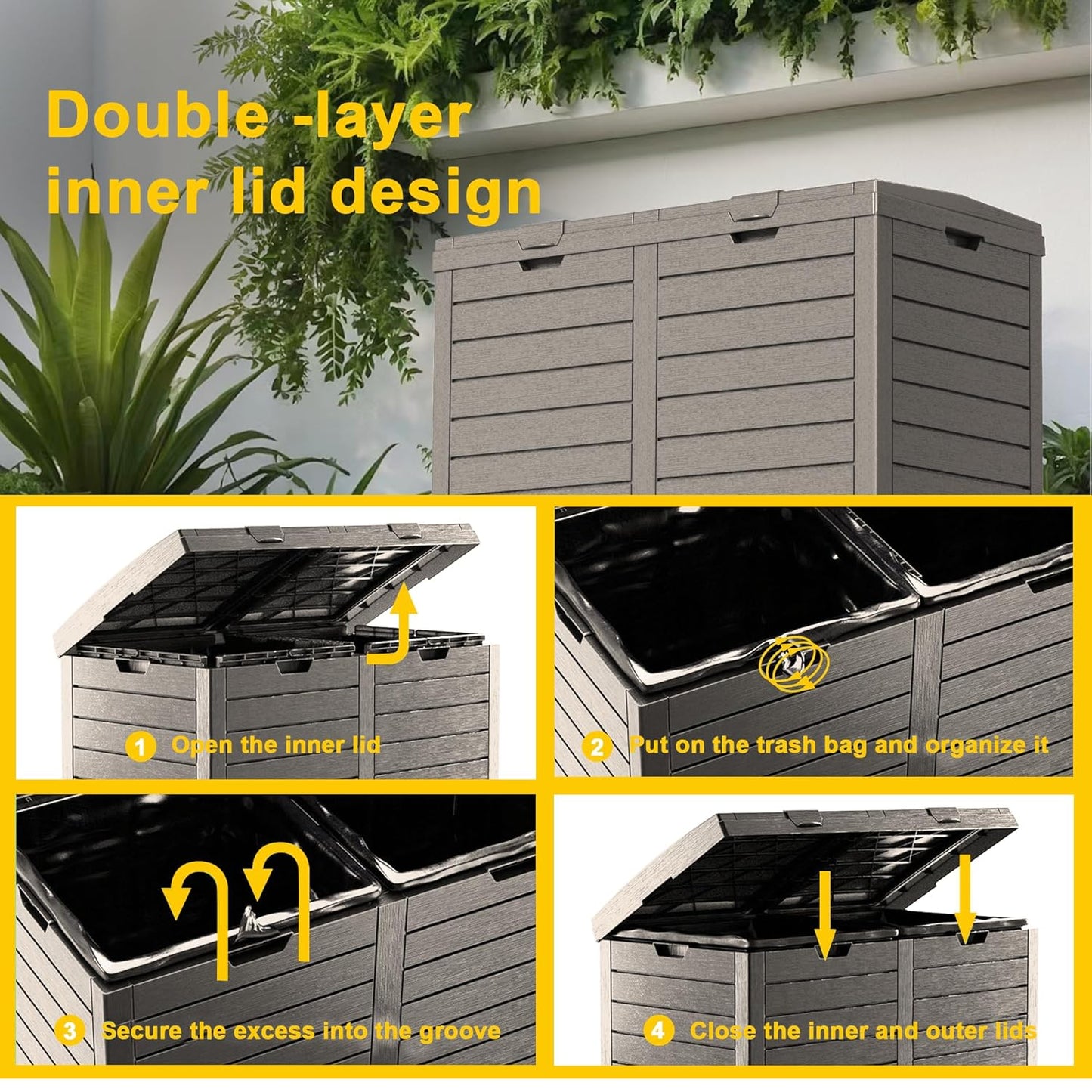 62 Gallon Outdoor Trash Can with Tiered Lid and Drip Tray,Waterproof Resin Waste Bin Indoor,Durable,Stylish,Lightweight Garbage Bin for Patio,Kitchen,Backyard and Office(Light Brown)