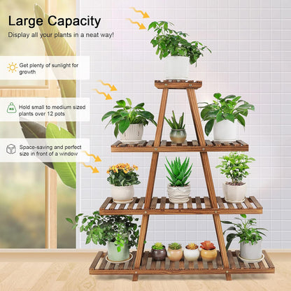 Ufine 4 Tier Wood Plant Stand Indoor Outdoor A Frame Plant Display Shelf for Multiple Plants Flower Pot Holder Rack, Living Room Balcony Patio