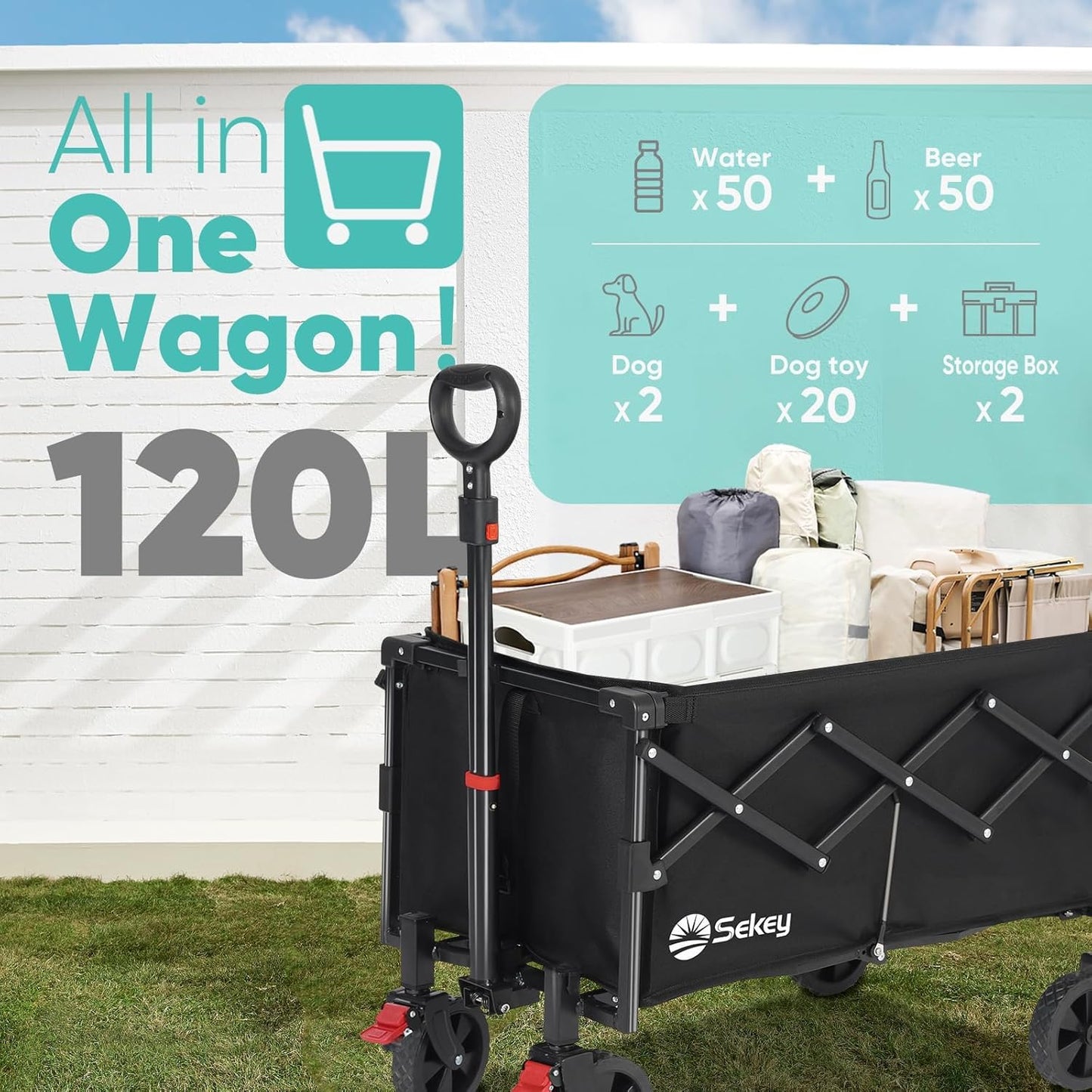 Sekey Collapsible Wagon Cart Foldable with 220LBS Weight Capacity, Lightweight Portable Folding Grocery Shopping Cart with Wheels for Camping Sports Beach and Shopping.Black
