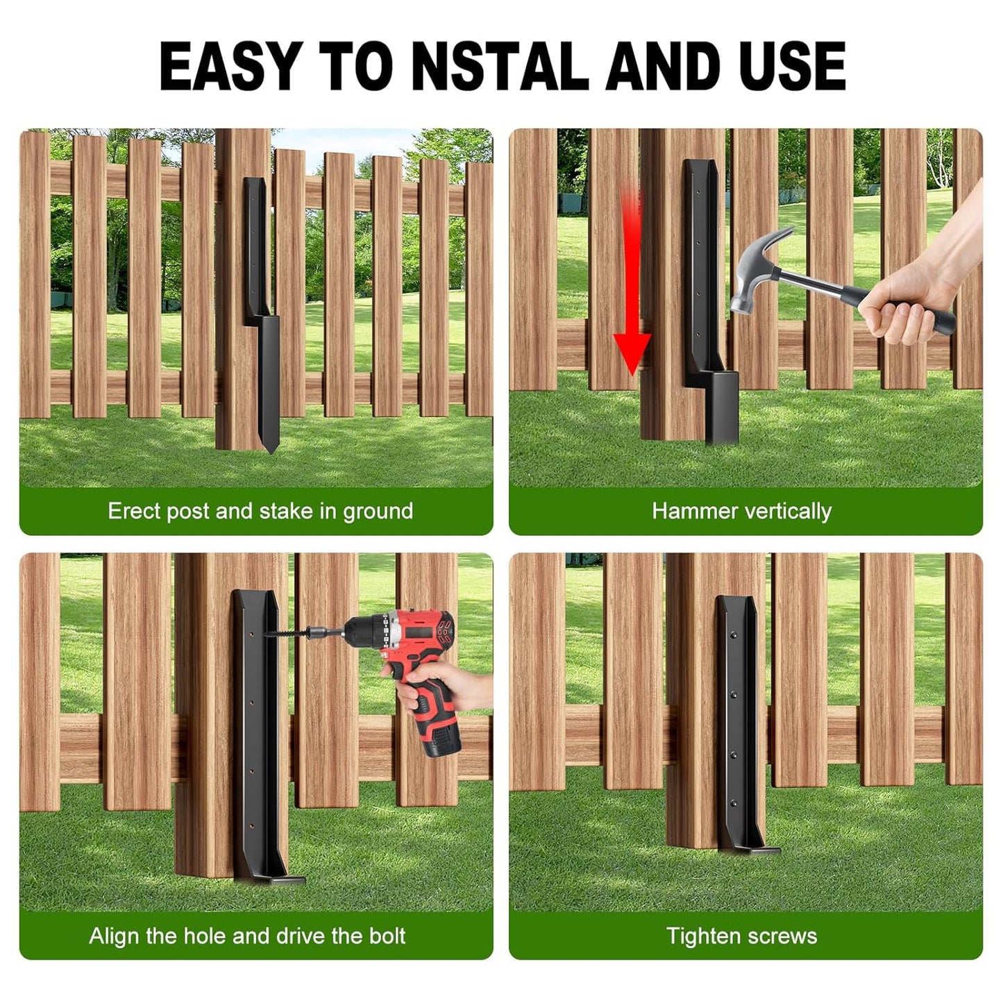 One-Piece Fence Post Repair Kit，Heavy Duty Steel Fence Post Anchor Ground Spike ，Quick Fix Broken/Leaning Wood Posts with，and Fixed Fence Posts（2-Pack）