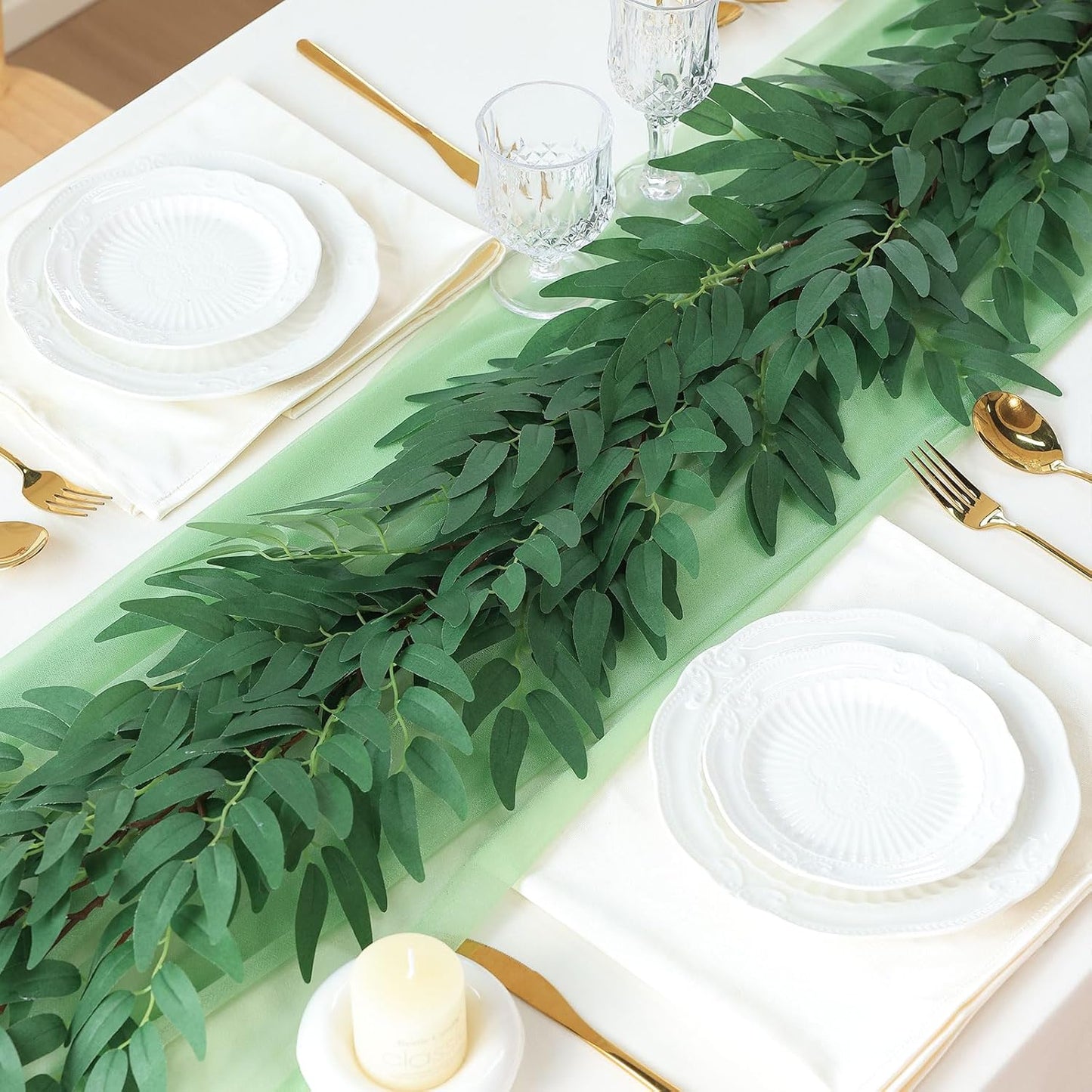 mizii 5 Packs 390" Artificial Vines Willows Garland Fake Vine Italian Ruscus Silk Green Leaves Faux Plants Greenery Decoration for Bedroom Room Wall Party Table Centerpieces Wedding Arch Decor