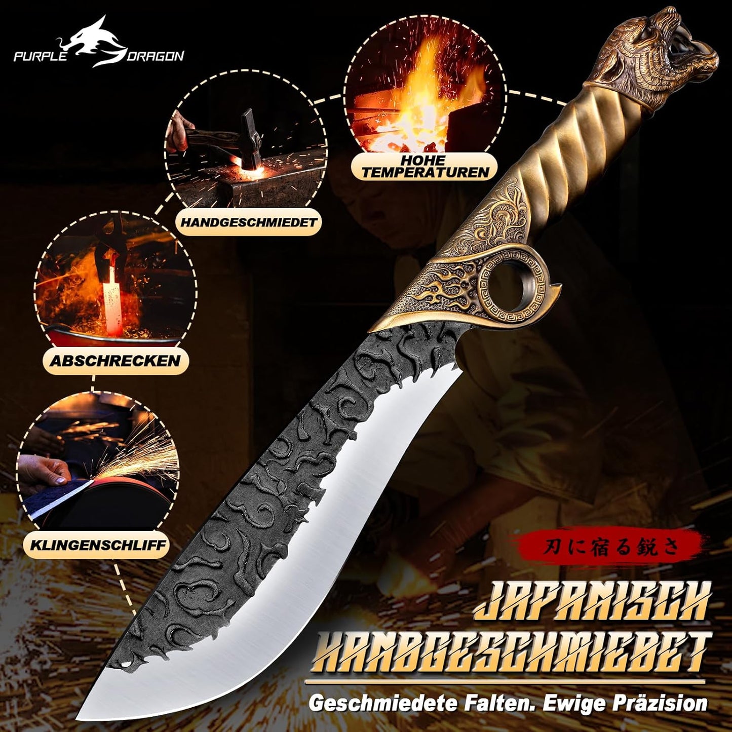 Purple Dragon Heavy Duty Machete for Cutting Trees – Japanese Forged Survival Machete with Tiger Head Handle, Gardening Machetes with Leather Sheath, Yard Work & Outdoor Camping Machetes