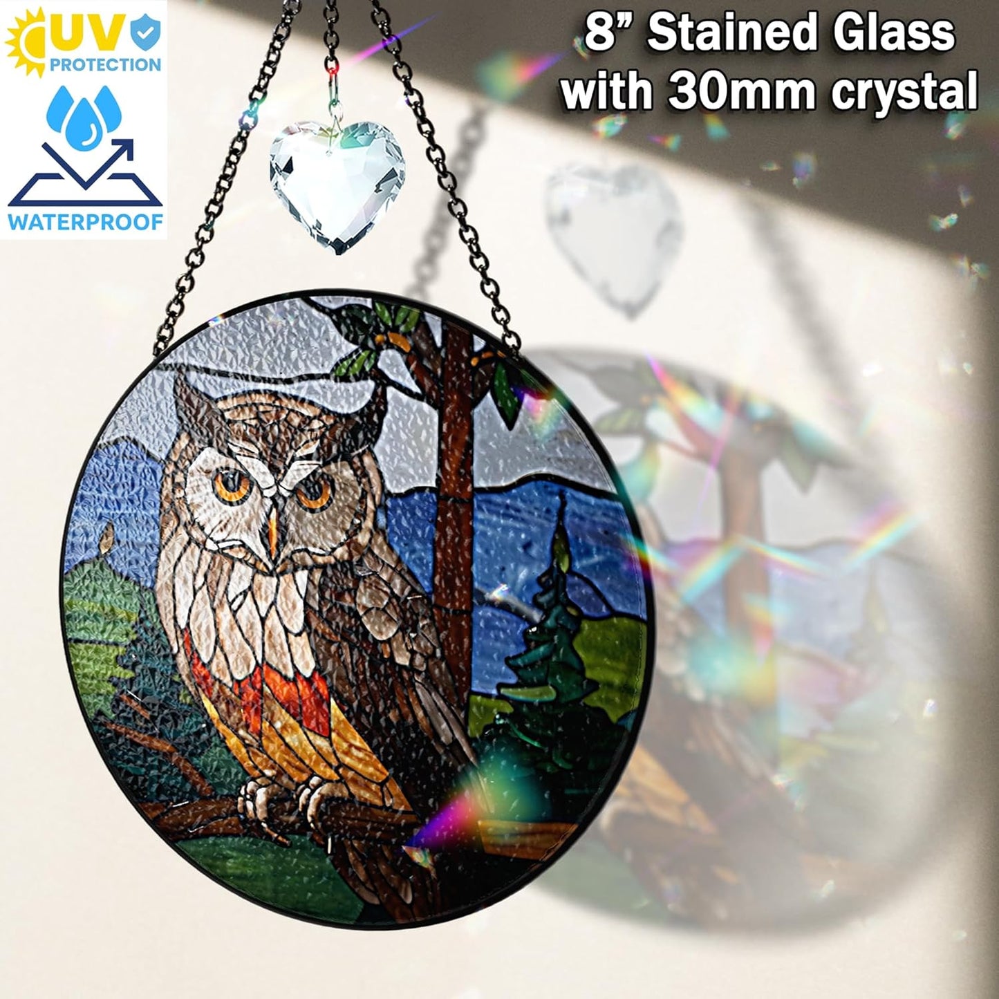 Owl Stained Glass Suncatchers Art Glass Owls for Sun Catcher Indoor Window Gifts for Pet Animal Nature Floral Lovers Women Grandma Mom Friend Painted Panel Décor