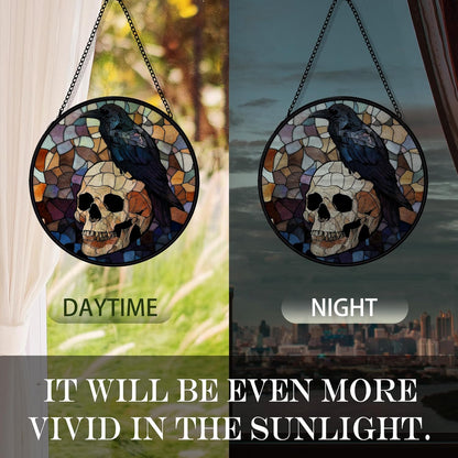 Black Raven Halloween Suncatcher Stained Glass Window Hanging, Gothic Skull Black Crow Sun Catchers Indoor Window Glass Round Wall Decor, Halloween Raven Wall Art Hanging Decorations, ＂7.8x7.8＂