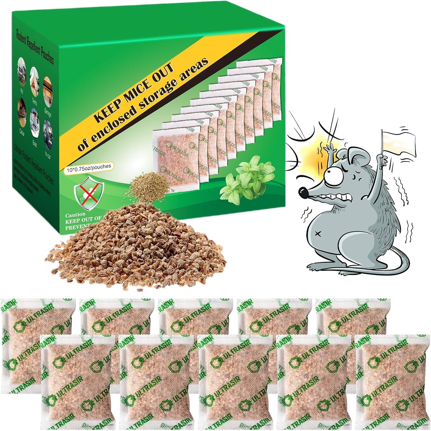 Mouse and Squirrel Repellent Pouches, 10 Packs Rat Repellent for Mice, Squirrels, Voles, Rodent Control for Indoor/Outdoor, Pet Safe Mouse Deterrent for House, Garden, Car, RV, Garage, Basement