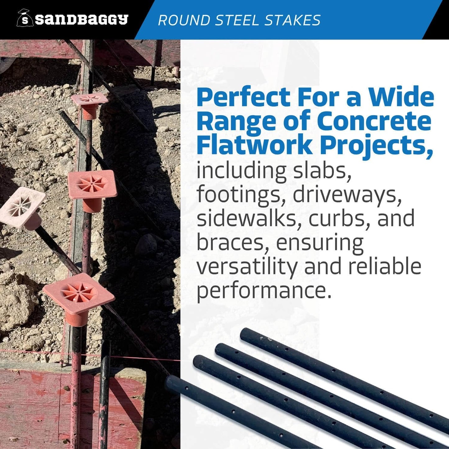 Sandbaggy Round Steel Concrete Form Stakes with Nail Holes - Rust Resistant Coating - Removable, Reusable (5, 3/4 in X 48 in)