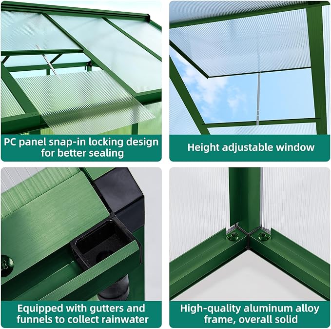 6x10 ft Greenhouse, Large Aluminum Greenhouses for Outdoors, Heavy Duty Polycarbonate Greenhouse with Roof Vent, Walk-in Green Houses for Winter Garden, Backyard, Patio, Lawn, Easy Assembly