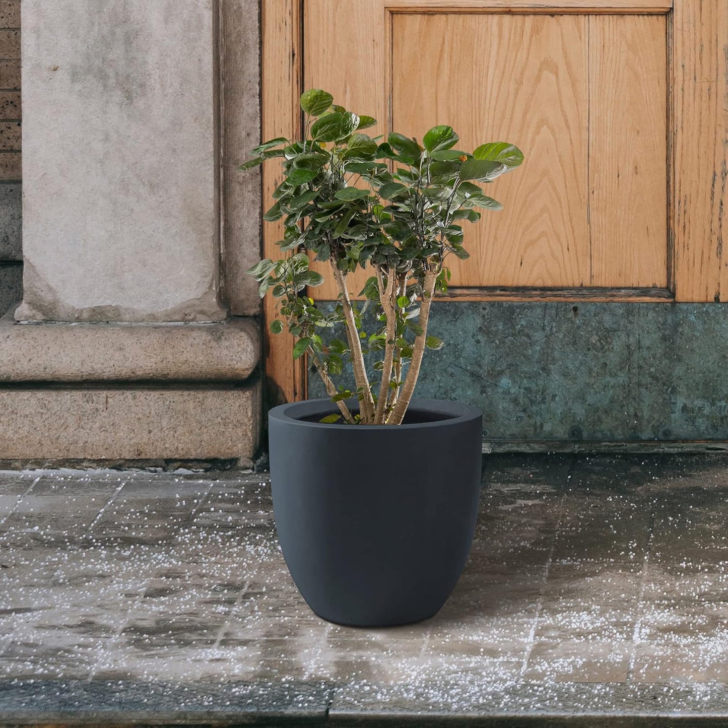 Kante 13.4" Dia Round Concrete Planter, Large Outdoor Modern Indoor Decorative Plant Pots with Drainage Hole and Rubber Plug for Home and Garden, Charcoal