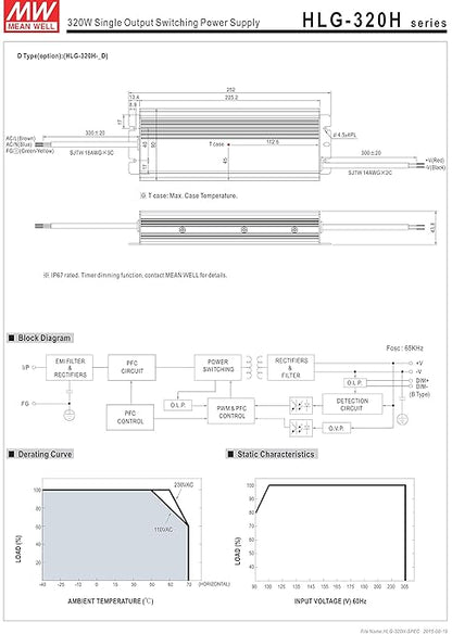MEAN WELL HLG-320H-42B Switching LED Driver Power Supply, Current Adjustable by Output Cable, 42