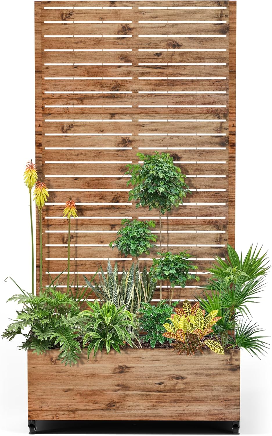 15.7"×70.9"×35.4" Metal Raised Garden Bed with Trellis and Wheels - Tall Trellis Planter Box for Climbing Plants, Vegetables & Vines - Outdoor Privacy Planters for Patio (Natural Wood Grain)