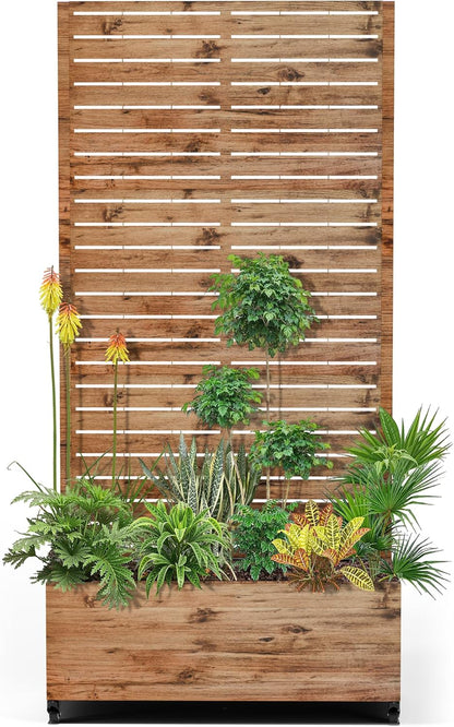 15.7"×70.9"×35.4" Metal Raised Garden Bed with Trellis and Wheels - Tall Trellis Planter Box for Climbing Plants, Vegetables & Vines - Outdoor Privacy Planters for Patio (Natural Wood Grain)