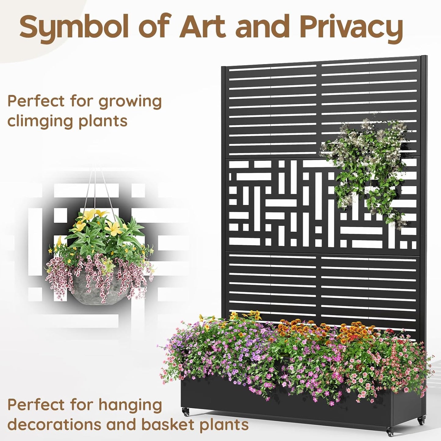 Metal Raised Garden Bed with Trellis & Wheels,72" x 47"x 15.7" Planter Box with Trellis,Privacy Planters for Patio,Garden Bed for Climbing Plants,Suitable for Climbing Plants and Vegetables,Black