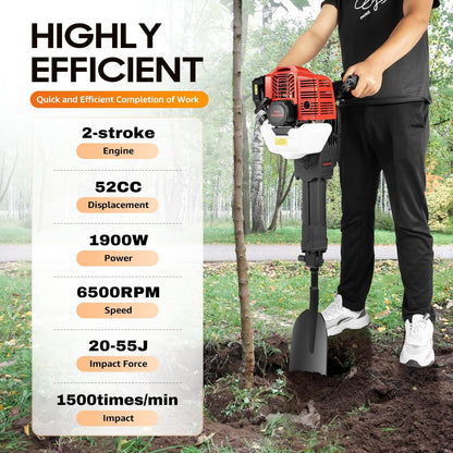 Handheld Trencher Digger Machine, 52CC 2-Stroke Gasoline Engine Tree Digger 1900W 6500RPM±200 Portable Trench Diggers for for Digging Planting and Trenching