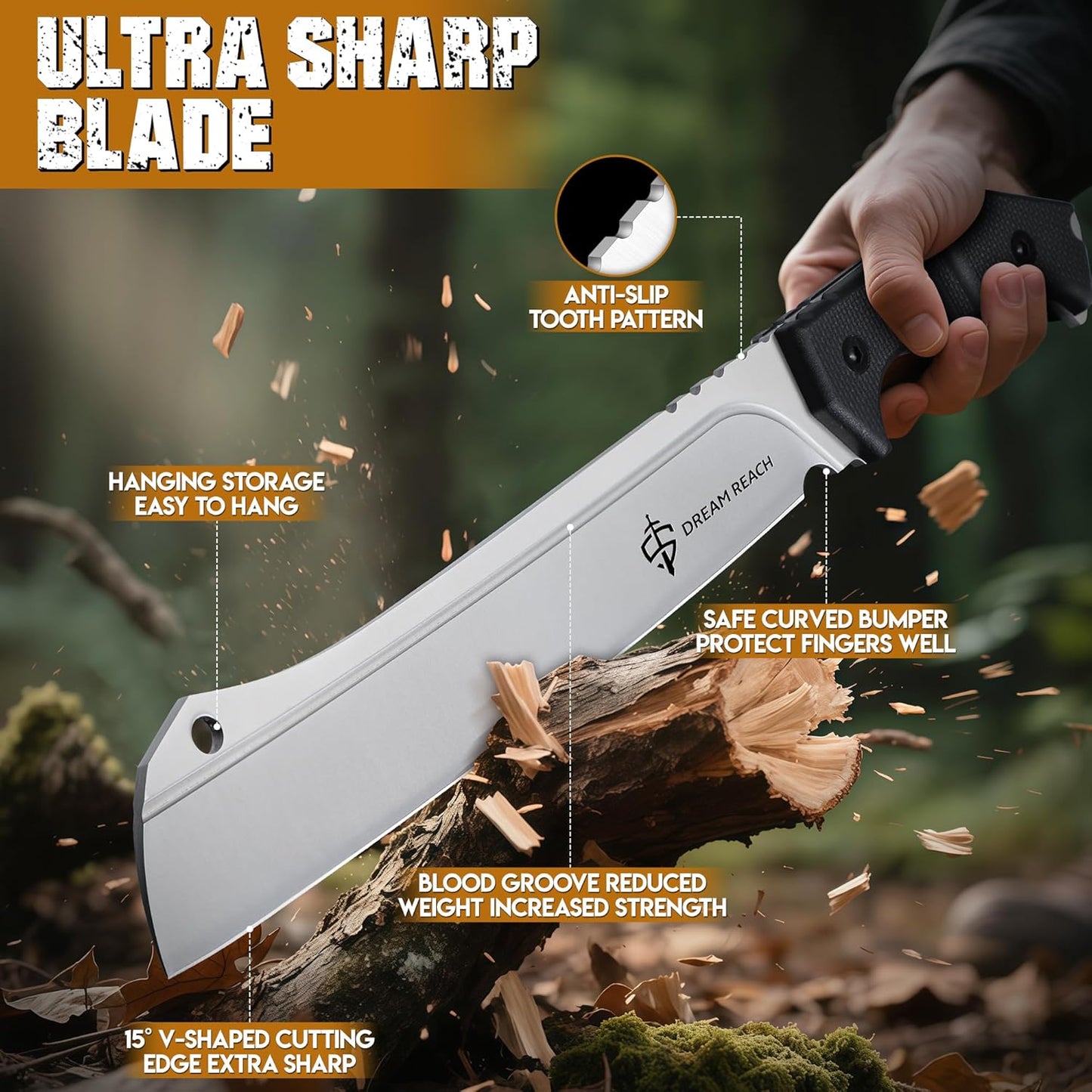 Dream Reach Heavy Duty Machete - Portable Full Tang Outdoor Survival Knife with Sheath Strap for Camping Hiking Gift for Men 9.6 Inches