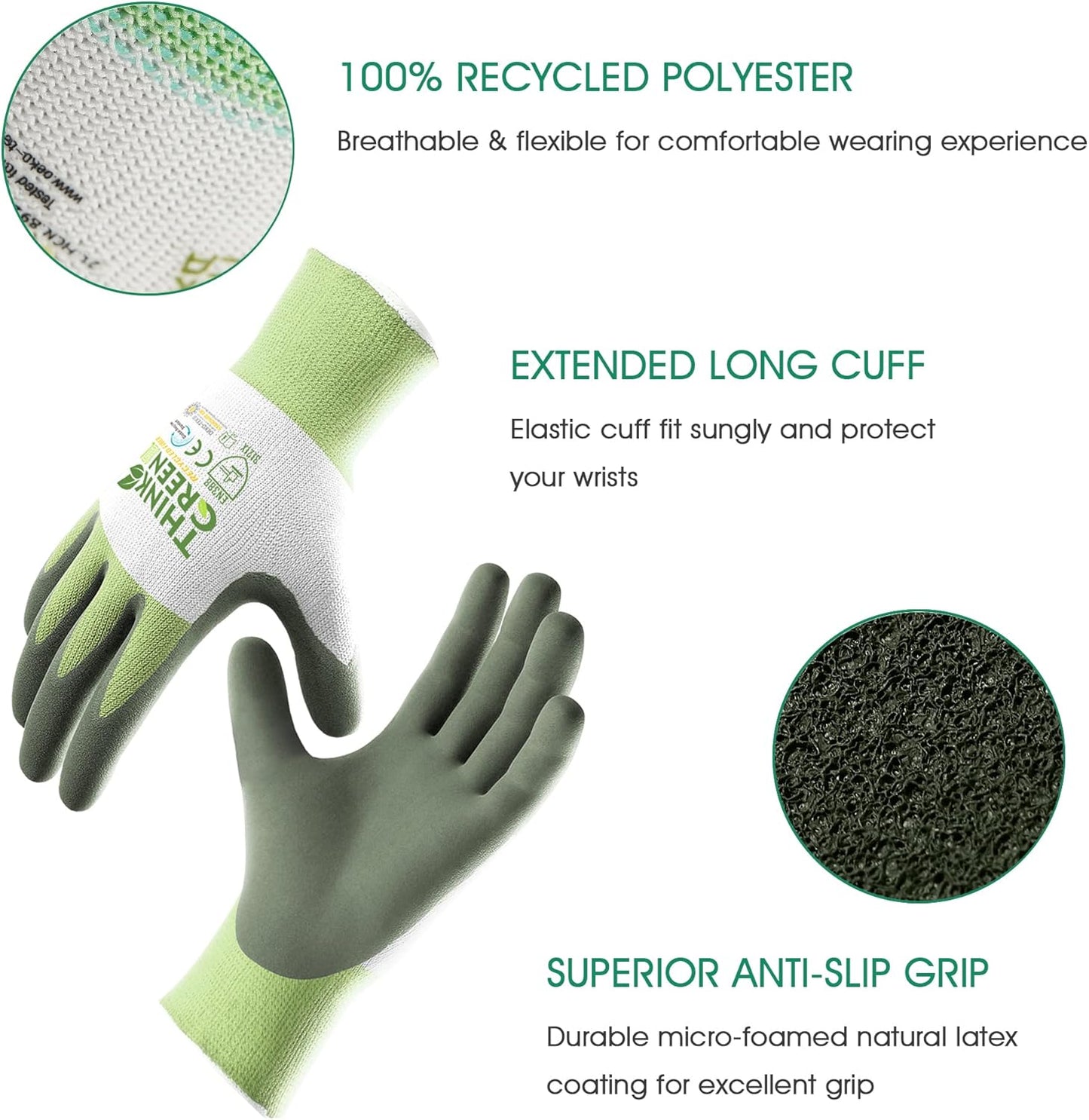 COOLJOB 3 Pairs Gardening Gloves for Women Men, 100% Recycled Polyester with Rubber Coated for Garden Patio Yard Lawn Work, Green, White & Grey, X-Large Size