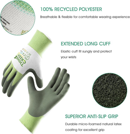 COOLJOB 3 Pairs Gardening Gloves for Women Men, 100% Recycled Polyester with Rubber Coated for Garden Patio Yard Lawn Work, Green, White & Grey, Medium Size