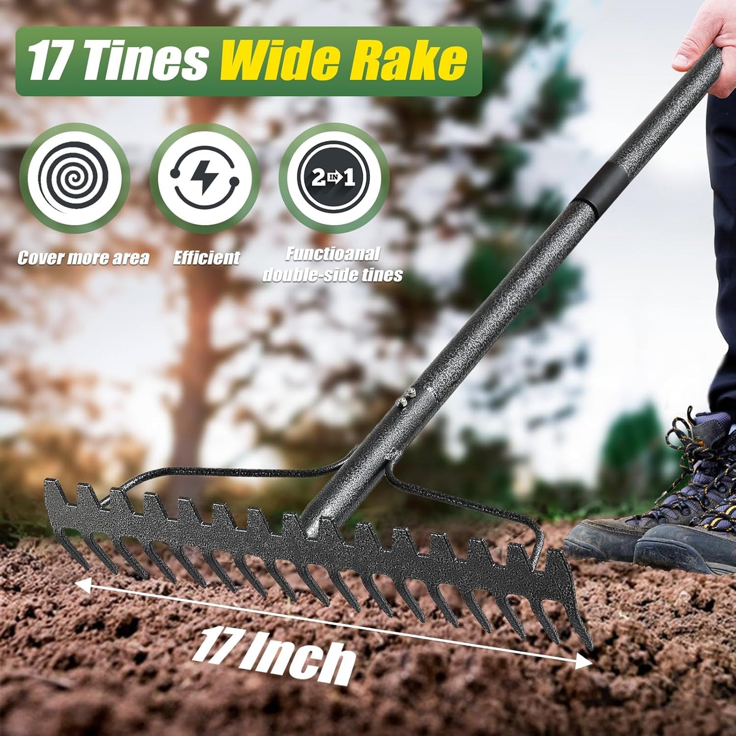 Garden Rake, 6FT Bow Rake Heavy Duty Leveling Rake with Adjustable Handle, 17 Tines Wide Head Metal Thatch Rake for Gardening Leaves Lawn Yard Mulch Rake