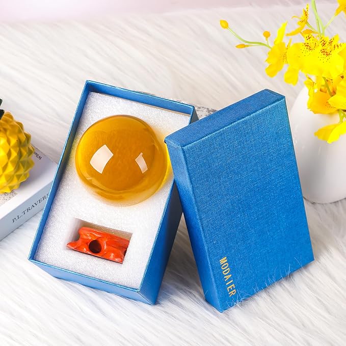 Yellow Crystal Ball 80mm/3.1inch with Rose Wooden Stand and Gift Box for lensball Photography,Fortune Teller,Feng Shui, Witchcraft Decor,Scrying,Magic,Quartz Crystal Orb Prop Decorative Glass Sphere