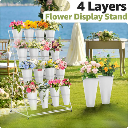 Flower Display Stand 4 Layers with 16 PCS Round Buckets, Plant Stand with Wheels, Movable Metal Plant Stand for Terrace Garden, Florist Shop