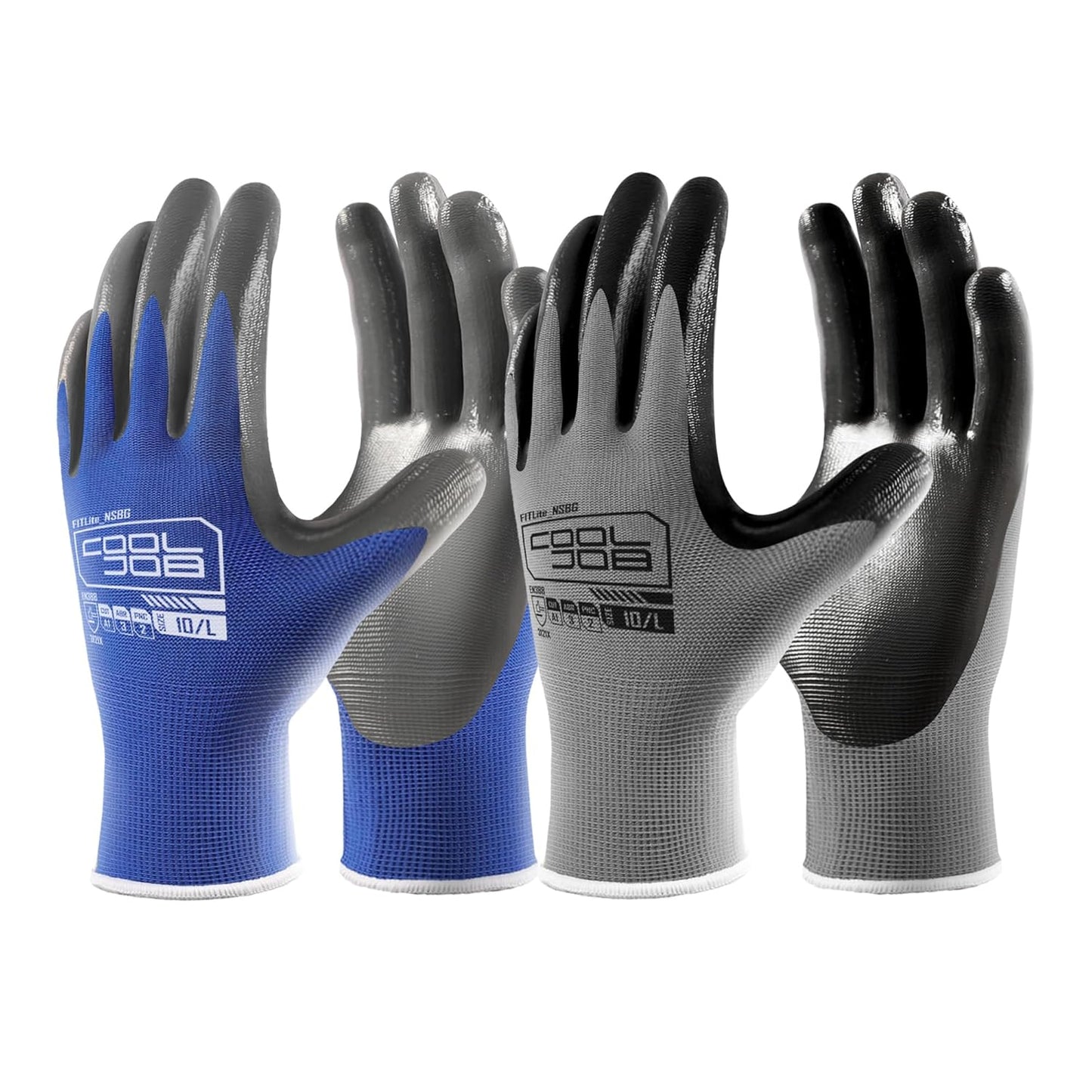 COOLJOB 10 Pairs Nitrile Dipped Safety Work Gloves with Grip, Non-slip Rubber Coated Bulk Garden Gloves for Men, Heavy-duty Oil Resistant for Truck Driver, Warehouse Box Handler, Medium, Gray Blue