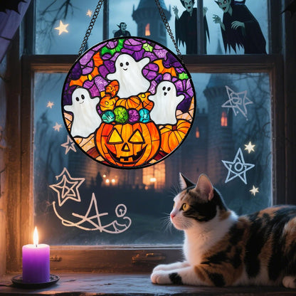 Stained Glass Window Hanging Halloween Horror Pumpkin White Ghost 11.8" - Suncatcher Door Garden Sunroom Gothic Style Sun Catcher Birthday for Friend Mom Men Woman Nana