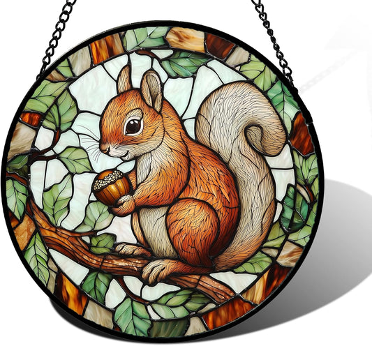 Stained Glass Window Hanging, Squirrel on a Branch Suncatcher Diamond Glass Panel Animal Sun