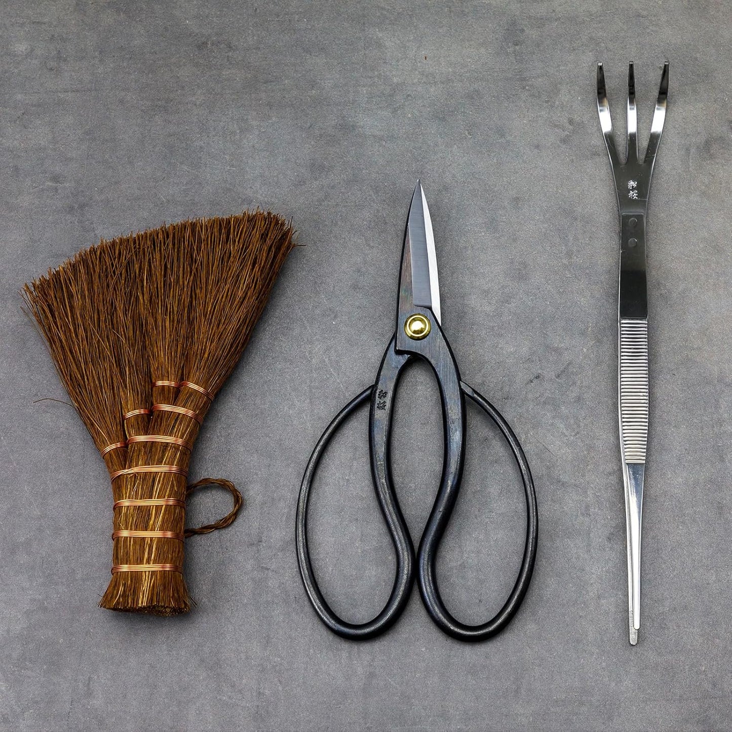 Wazakura Japanese Bonsai Garden 3PCS Tool Starter Kit, Made in Japan, Traditional Bonsai Scissors, Stainless Tweezers with Rake, Chinese Broom. Beginner Set wit Tweezers, Shears and Brush