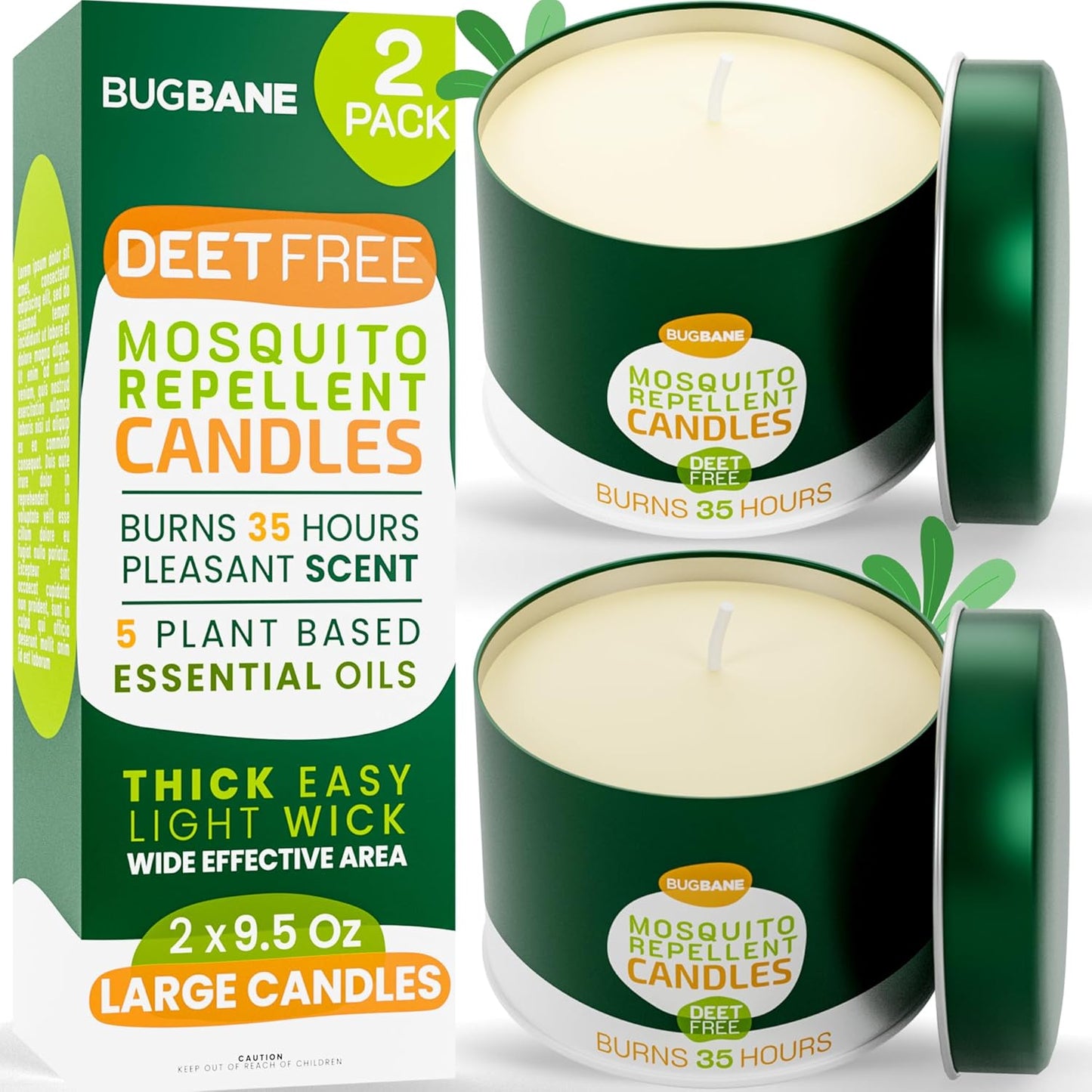 2 Mosquito Candles for Outside. Citronella Candles Outdoor Large. DEET Free with 5 Natural Essential Oils. Insect Fly Bug Candle Repellent Outdoor. Mosquito Repellent Candle Indoor Home Patio Camping