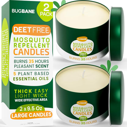 2 Mosquito Candles for Outside. Citronella Candles Outdoor Large. DEET Free with 5 Natural Essential Oils. Insect Fly Bug Candle Repellent Outdoor. Mosquito Repellent Candle Indoor Home Patio Camping