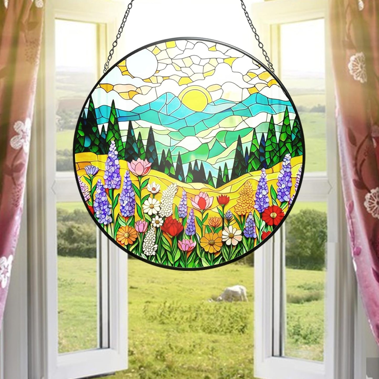 Mountain Wildflower Stained Glass Suncatcher - 3.5" Floral Window Hanging with Safe Iron Frame, Chain & Suction Cup - Botanical Art Decor Gift for Women, Plant Lovers, Mom, Housewarming