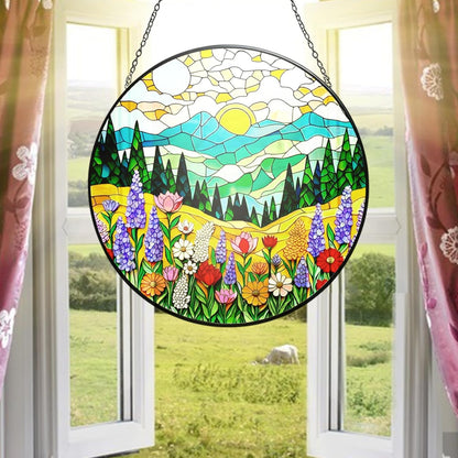 Mountain Wildflower Stained Glass Suncatcher - 3.5" Floral Window Hanging with Safe Iron Frame, Chain & Suction Cup - Botanical Art Decor Gift for Women, Plant Lovers, Mom, Housewarming