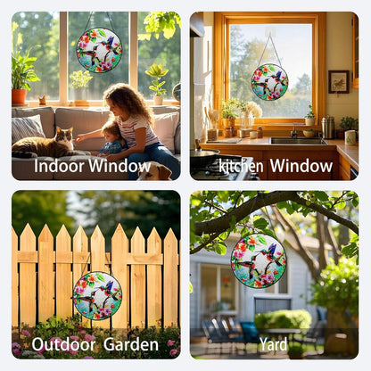 Suncatcher Hummingbird Stained Glass Window Hanging, 7.87" Round Sun Catcher for Wall & Window Decor, Vibrant Stained Glass Art Panel,Unique Ideal Housewarming Gifts for Bird Lovers
