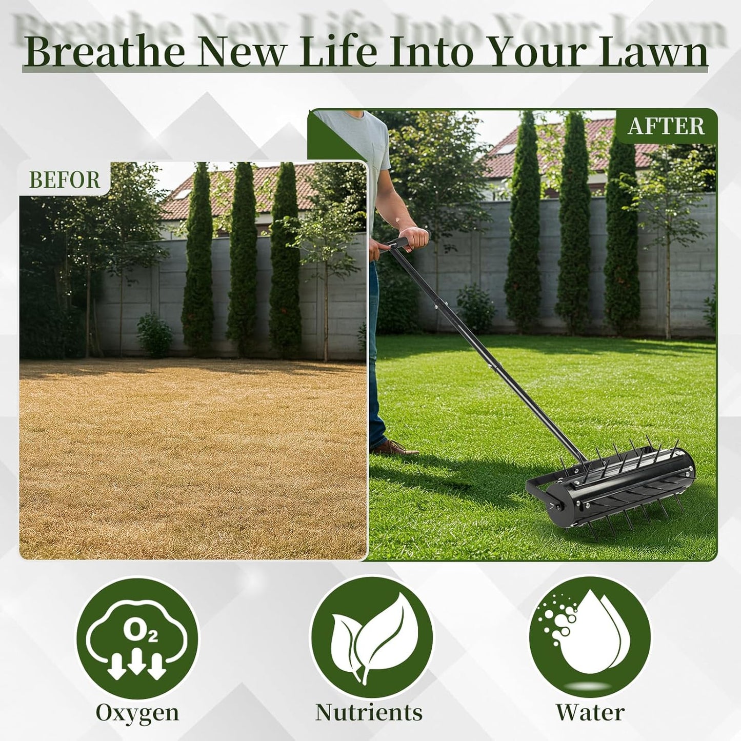 VINGLI Rolling Lawn Aerator with T-Shaped Handle, 17 inch Manual Aerator Tool, Lawn Aerator Spike Tool with 36 Spikes for Garden Yard Soil Health Maintaining, Black