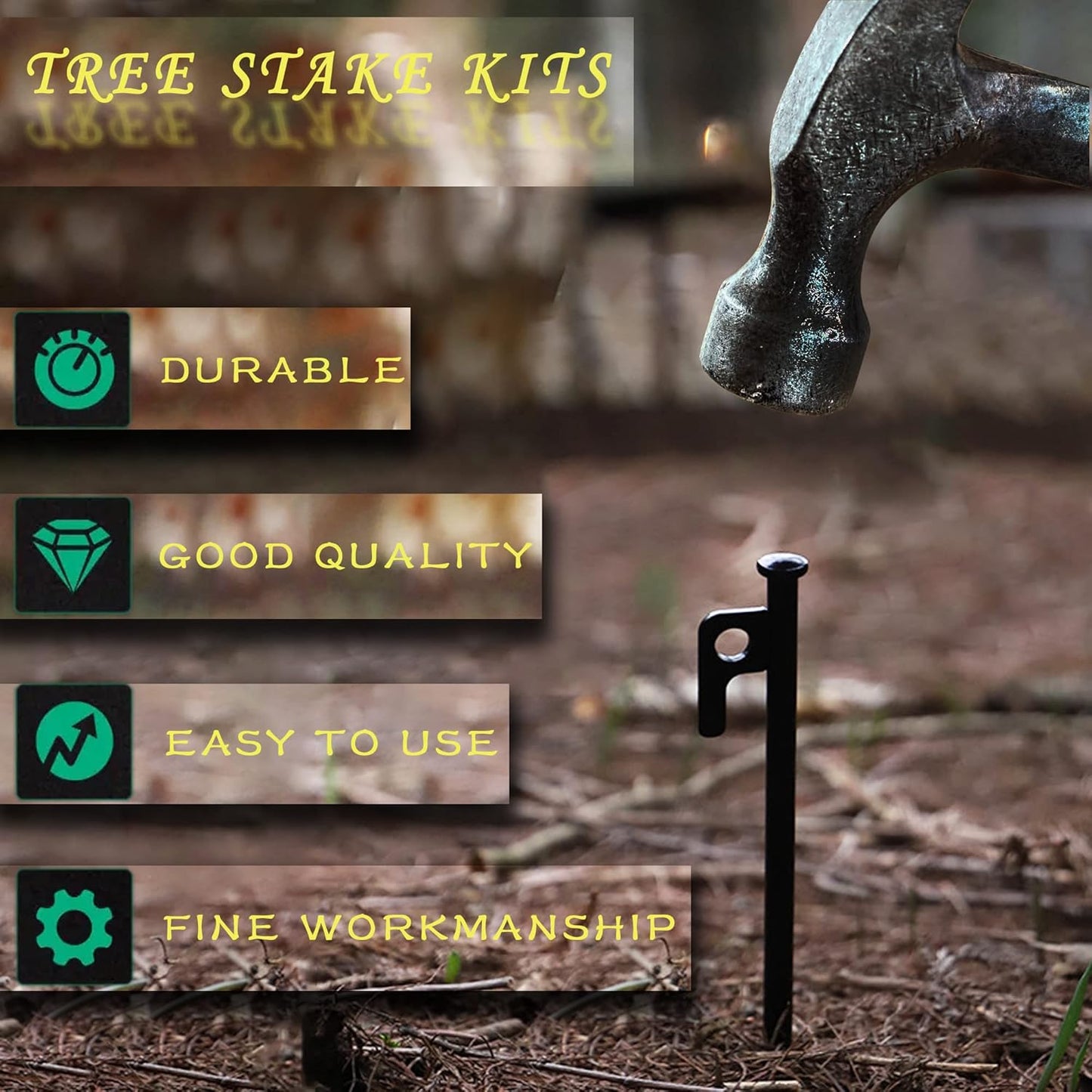 Tree Stakes Kits, Tree Stakes and Supports Kits for Hurricane Protection & Bad Weather, Include 6 PCS 11.8" Heavy Duty Steel Tree Stake, 6 PCS 15.8" Tree Straps and 100 FT Rope