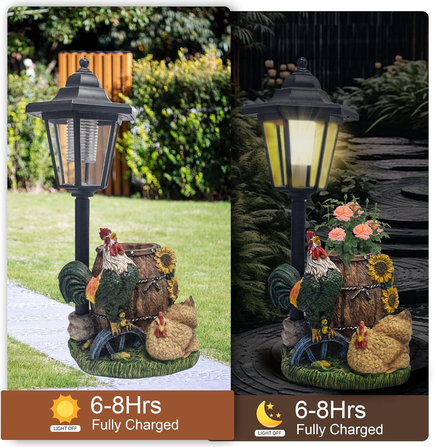 Rooster Statues Outdoor Solar Sculptures with Solar Lights and Flowerpot Funny Garden Decor Animal Figurines Resin Outdoor Statues for Patio Yard Lawn Balcony Grandma Mom Gifts