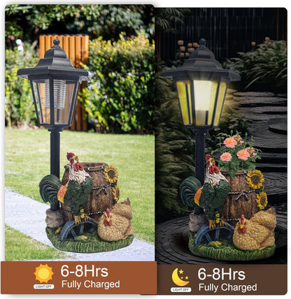 Rooster Statues Outdoor Solar Sculptures with Solar Lights and Flowerpot Funny Garden Decor Animal Figurines Resin Outdoor Statues for Patio Yard Lawn Balcony Grandma Mom Gifts