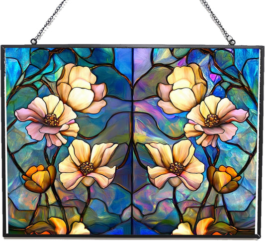 Customized Rectangle Rainbow Lotus Stained Glass Window Hanging, Suncatcher for Women, Stained