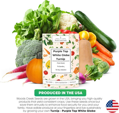 Woods Creek Seeds: Purple Top White Globe Turnip Seeds for Planting - Heirloom Root Vegetable Variety - Fast Growing Turnips with Edible Greens - Non-GMO Garden Seeds for Fall or Spring