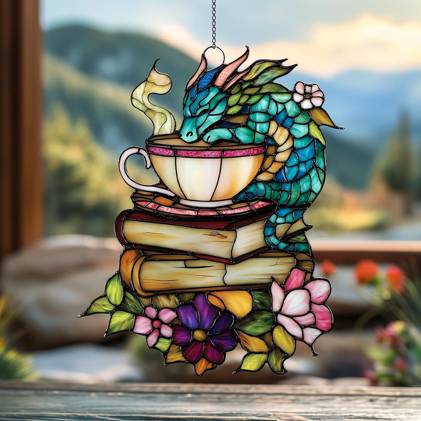 Acrylic Suncatcher Colorful Window Hanging Ornament Sun Catcher Panel for Home Decor Car Garden Gift Fantasy Dragon Book Tea