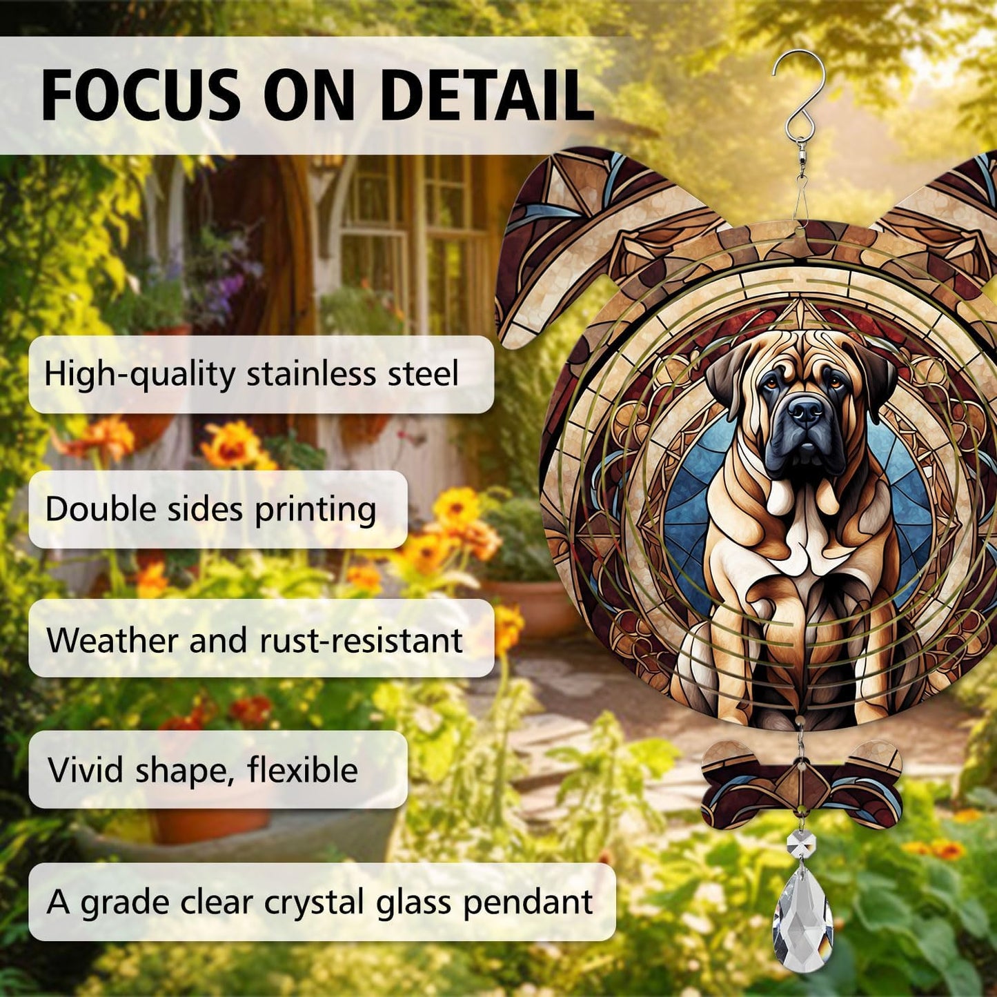 Mastiff Dog Ears Wind Spinner, Mastiff Wind Spinner Hanging for Yard and Garden V02