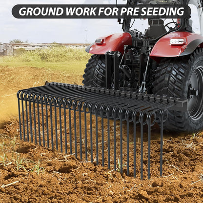 72" Durable Powder Coated Steel Pine Straw Rake, Steel Spring Landscape Rake for Leaves, Pine Needles, Straw, and Grass Attaches to Cat 0 Cat 1,3 Point Hitch Tractor, Black