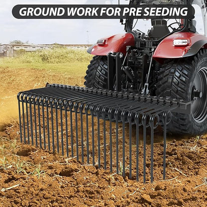 60" Durable Powder Coated Steel Pine Straw Rake, Steel Spring Landscape Rake for Leaves, Pine Needles, Straw, and Grass Attaches to Cat 0 Cat 1,3 Point Hitch Tractor, Black