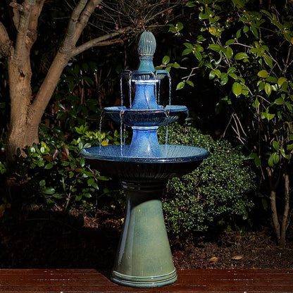 Glitzhome Water Fountain Outdoor Floor-Stand Fountain with LED Light & Pump, Oversized 3 Tier Ceramic Turquoise Waterfall Patio Fountains and Waterfalls Outdoor Yard Fountains for Lawn Garden Backyard