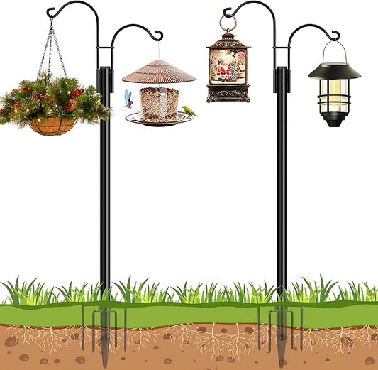 Ottsuls Bird Feeder Pole, 2 Pack 108 INCH Double Shepherds Hooks for Outdoor, Garden Pole with 5 Base Prongs Heavy Duty Planter Hooks for Hanging Plant Baskets, Lantern, Hummingbird Feeder