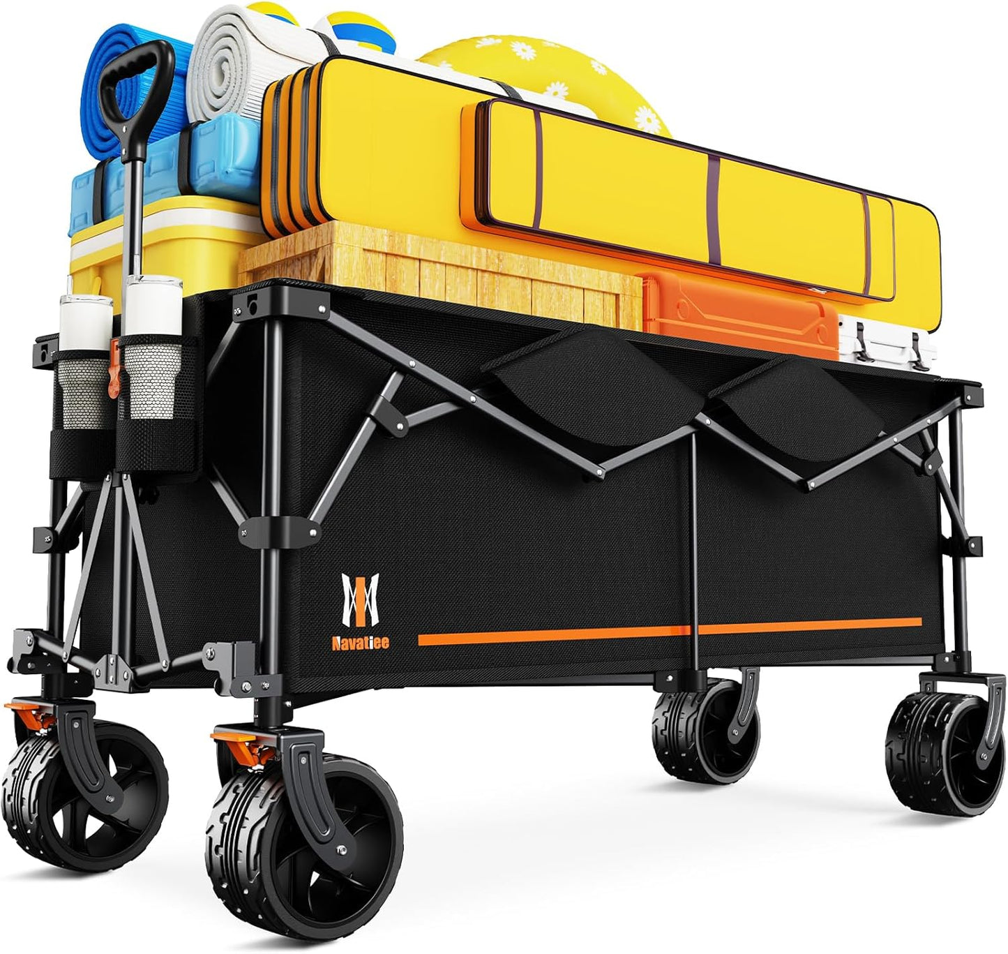 Navatiee 48'' Extra Long Collapsible Wagons Carts Foldable, 440Lbs Heavy Duty Folding Beach Wagon with All-Terrain Big Wheels, 300L Capacity Utility Garden Carts for Camping, Sports