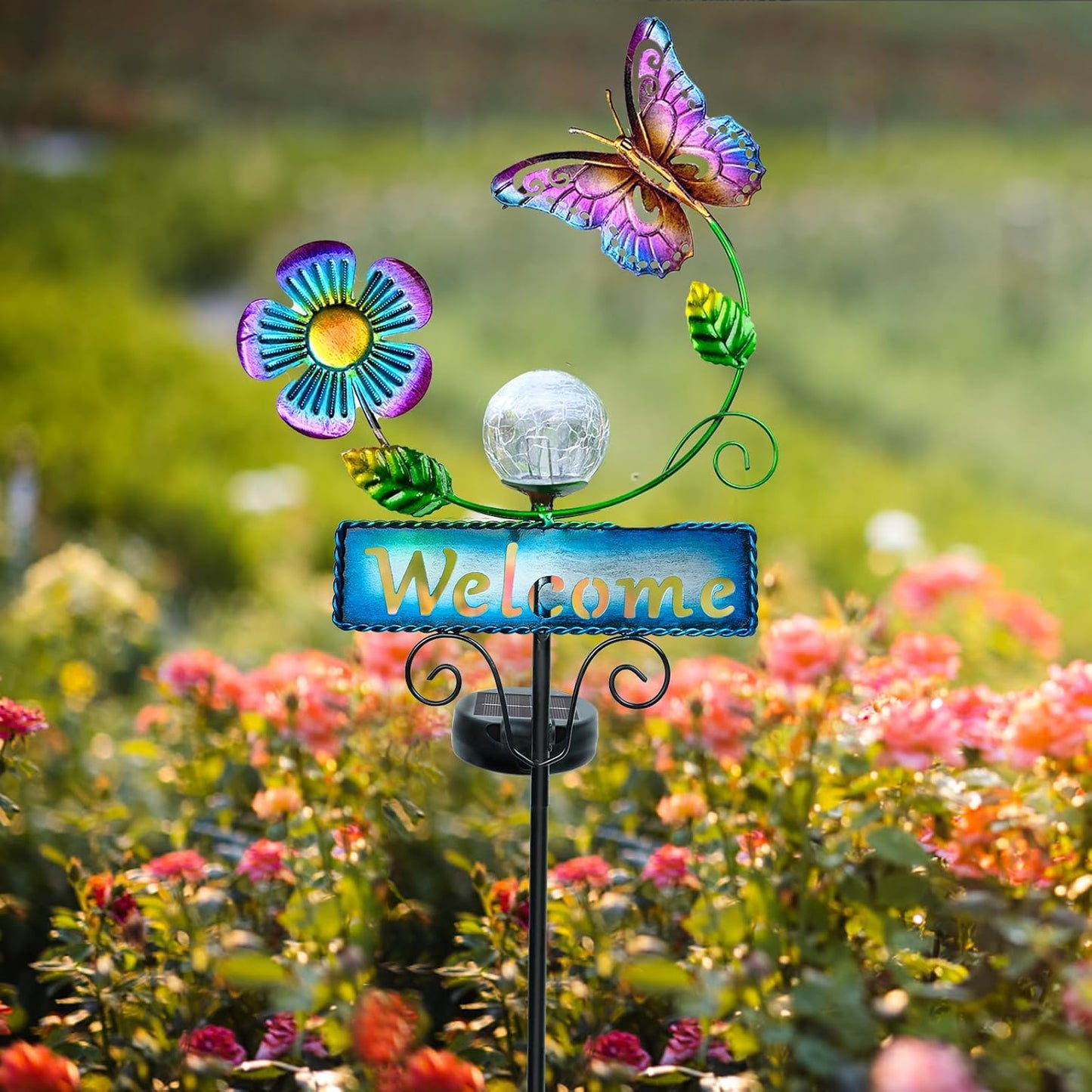 Outdoor Solar Garden Lights with Welcome Sign, Butterfly Ornament Metal Stake Lights for Lawn, Patio, Cracked Glass Balls, for Mom (Butterfly)